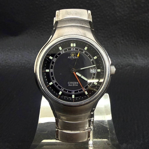 CITIZEN ATTESA B876-H21211 TA Eco-Drive Titanium Dual Time Black Dial Vintage Watch