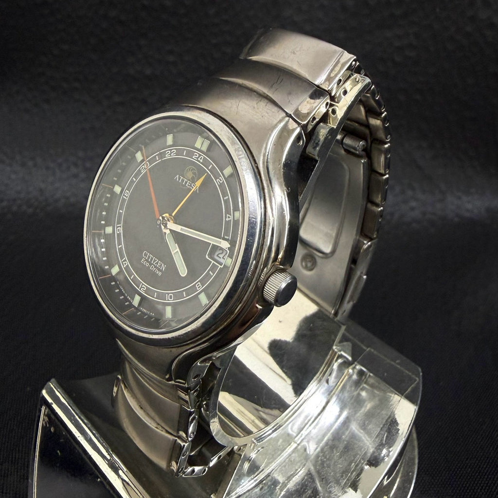 CITIZEN ATTESA B876-H21211 TA Eco-Drive Titanium Dual Time Black Dial Vintage Watch