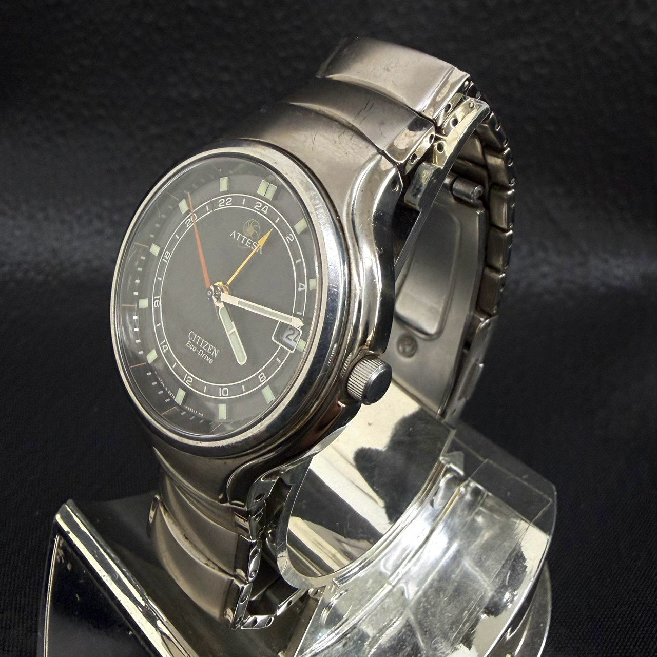 CITIZEN ATTESA B876-H21211 TA Eco-Drive Titanium Dual Time Black Dial Vintage Watch
